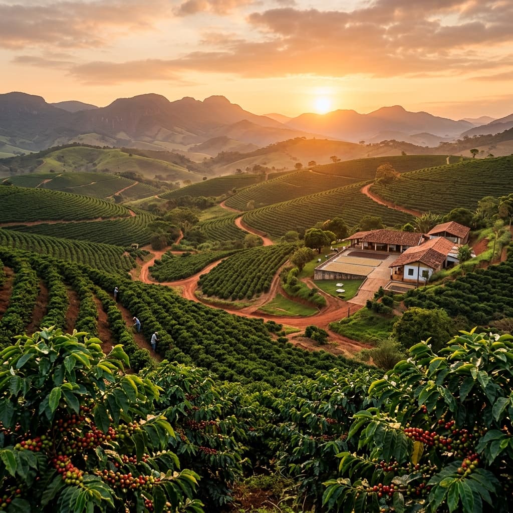 Fazenda de café ao amanhecer