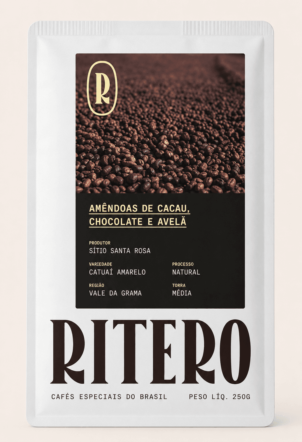 Pacote de café especial Ritero com notas de Amêndoas de cacau, chocolate e avelã