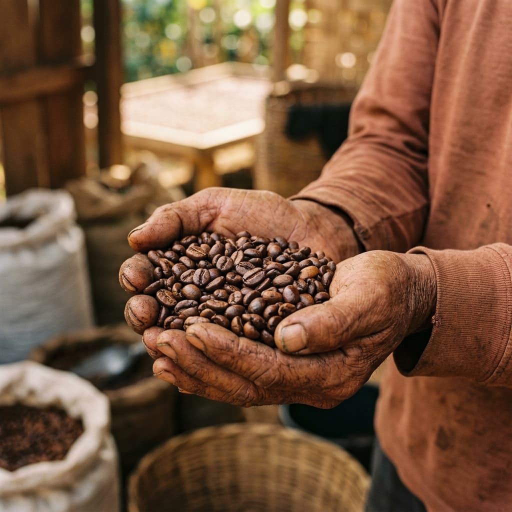 Grãos de café nas mãos