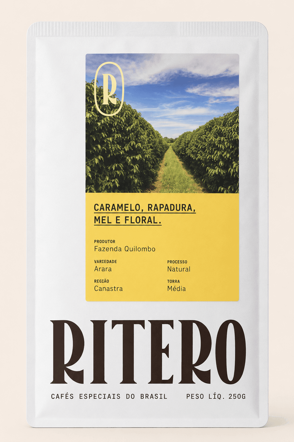 Pacote de café especial Ritero com notas de Caramelo, rapadura, mel e floral